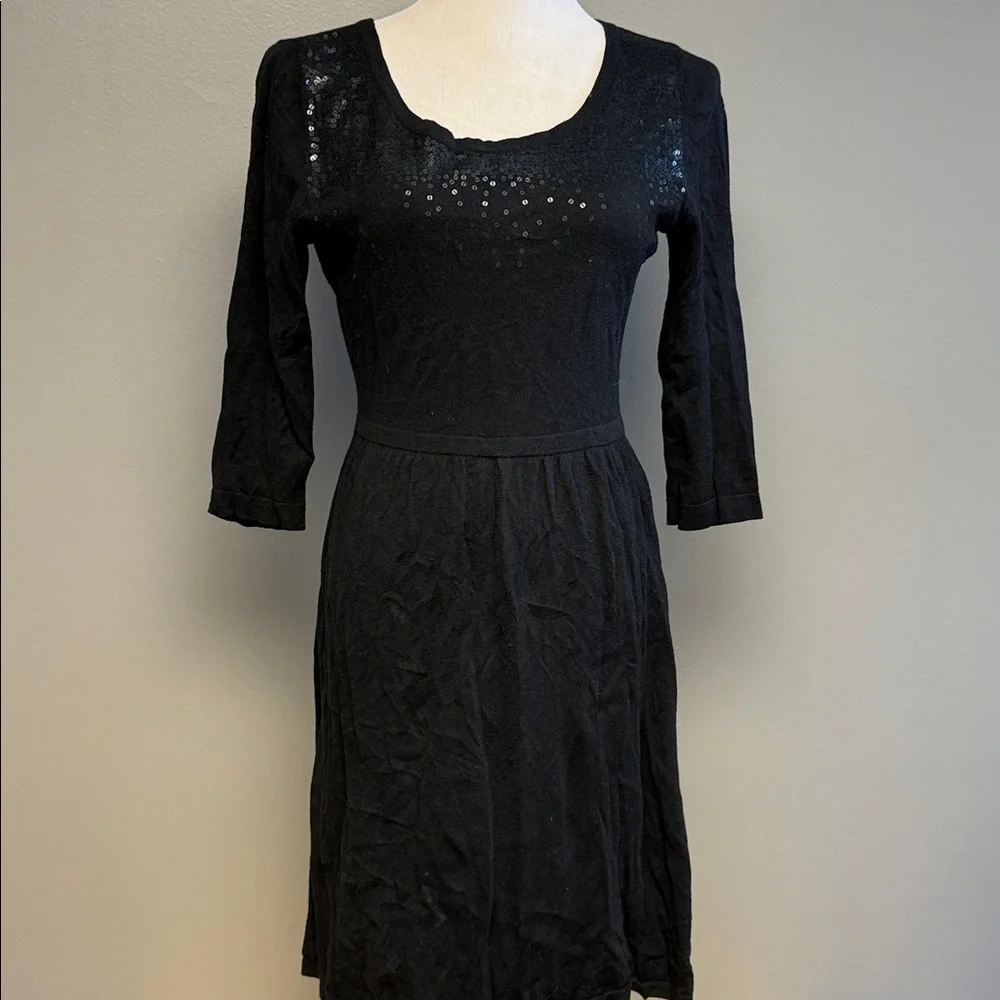 Old Navy Sequin Dress Petite Small Black 3/4 Sleeve Fit & Flare - Picture 3 of 6